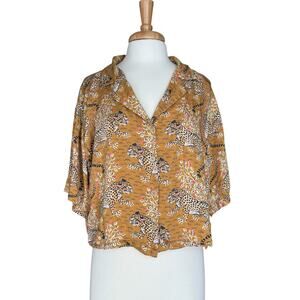 Print Fresh Pajama Top Cropped Button Up Yellow Leopard S Viscose Maxilmalist